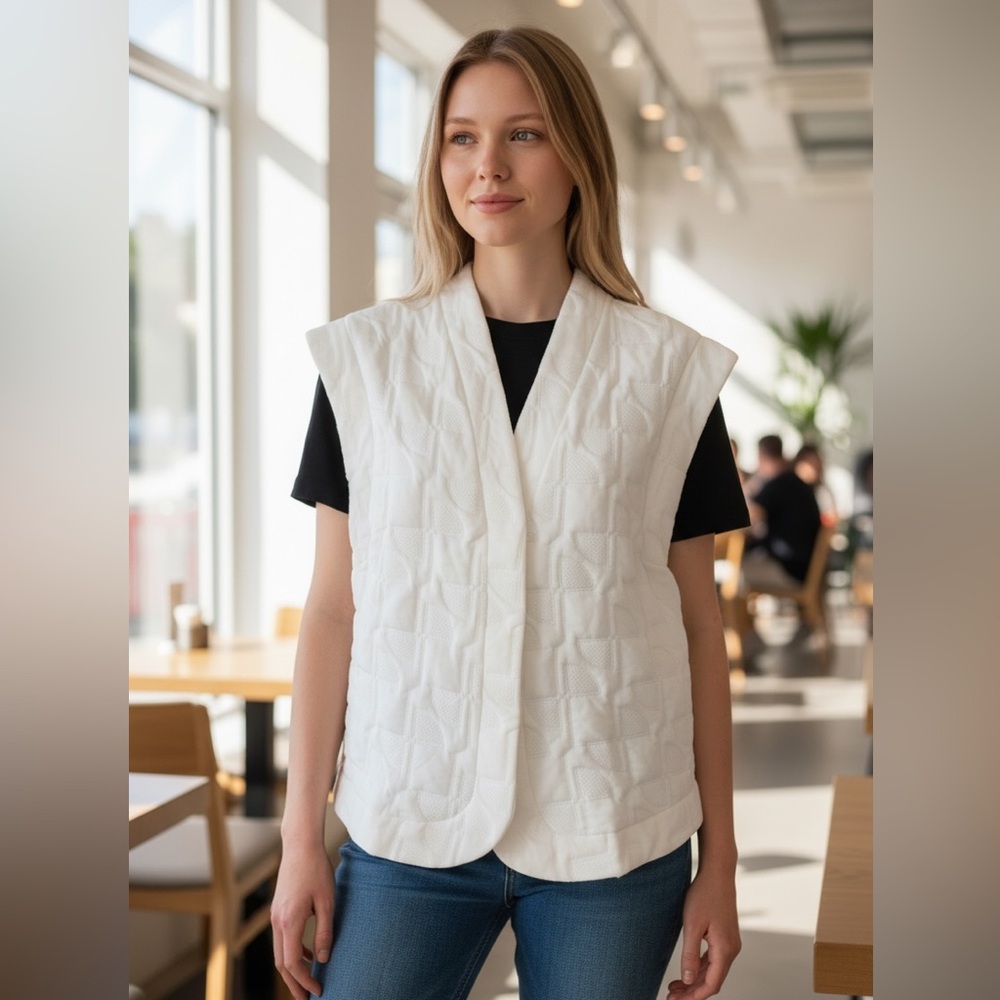 NWT ZARA Ivory Quilted Patchwork Vest Bloggers Fave SZ- Medium / Length